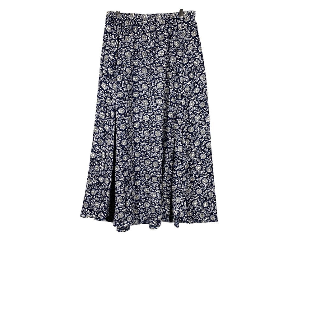 Max Studio Skirt Womens L Navy Blue Excellent Floral Pocket A-Line Midi
